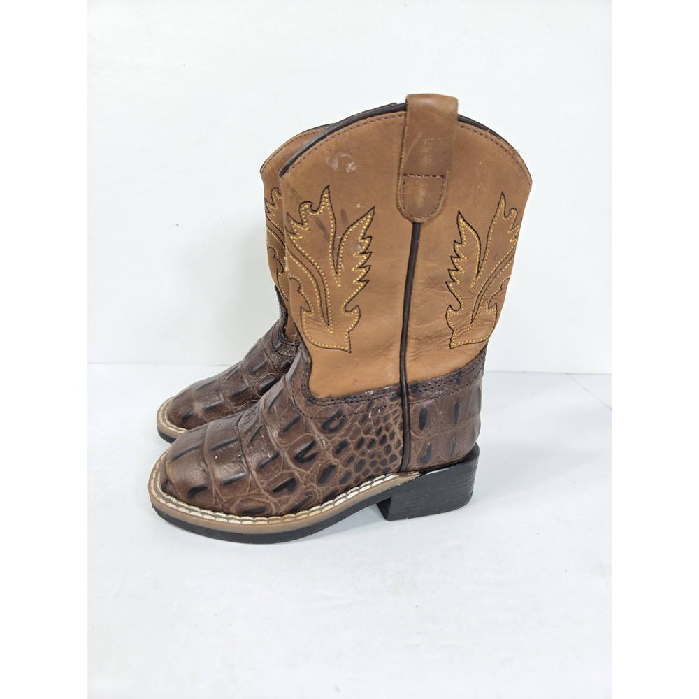 Old west toddler boys 6 -D side zip exotic print brown square toe Cowboy Boot